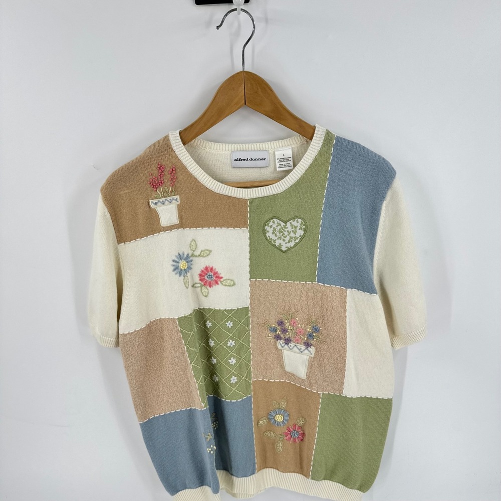 Vintage Knit Patchwork Floral Embroidered Sweater Size L Floral Cottagecore